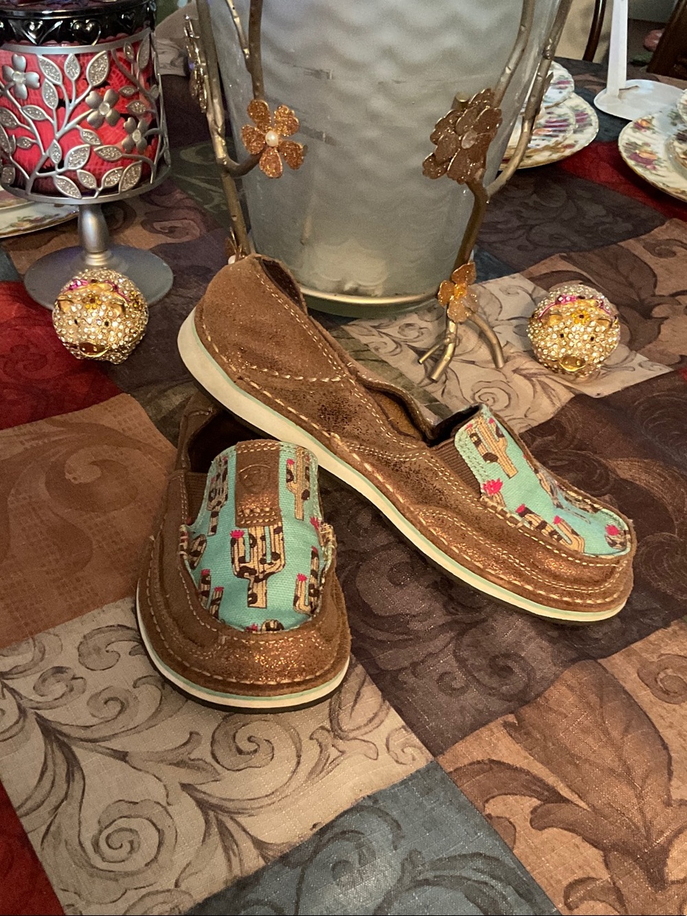 Ariat Brown Suede Slip-On Loafers with Turquoise Cactus Accent